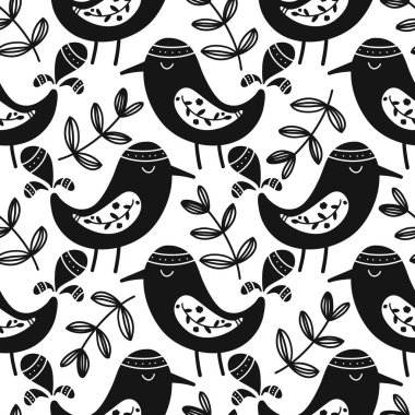 İskandinav kuşlar seamless modeli. Kağıt, kumaş, arka plan vektör dolgu sarma için kroki.