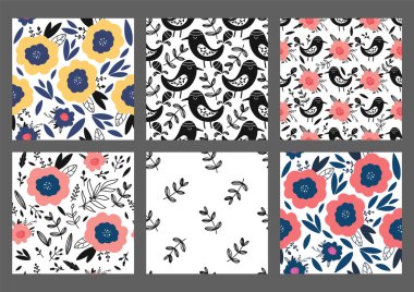 Çiçek el kümesi Dikişsiz desen çizilmiş. Çiçekler, yapraklar, kuşlar ile karikatür doku. Kağıt, kumaş, arka plan vektör dolgu sarma için kroki