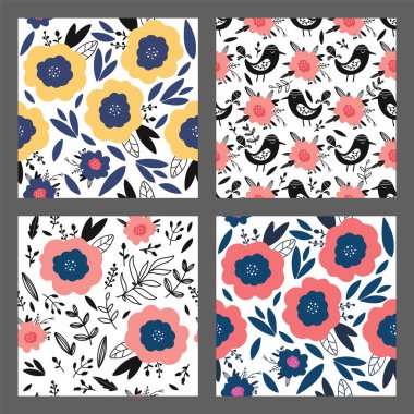 Çiçek el kümesi Dikişsiz desen çizilmiş. Çiçekler, yapraklar, kuşlar ile karikatür doku. Kağıt, kumaş, arka plan vektör dolgu sarma için kroki