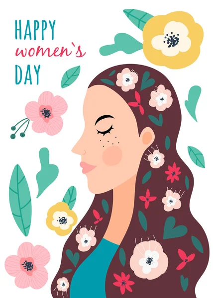 Día Internacional Mujer Tarjeta Felicitación Ilustración Vectorial Con Mujer Con — Vector de stock