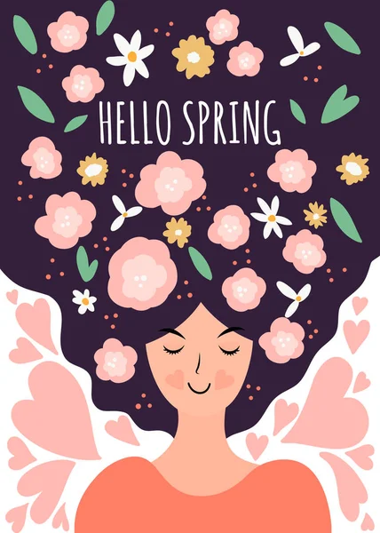Våren Vektorillustration Med Kvinna Med Blommor Begreppet Glad Levande Och — Stock vektor