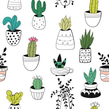 Kaktüsler, succulents seamless modeli. İskandinav tarzı bitkilerde. Kağıt, kumaş, arka plan vektör dolgu sarma için kroki.
