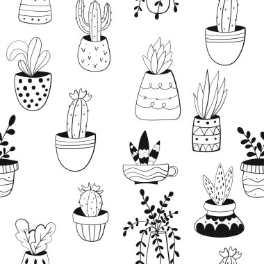  Kaktüsler, succulents seamless modeli. İskandinav tarzı bitkilerde. Kağıt, kumaş, arka plan vektör dolgu sarma için kroki.