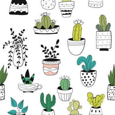  Kaktüsler, succulents seamless modeli. İskandinav tarzı bitkilerde. Kağıt, kumaş, arka plan vektör dolgu sarma için kroki.