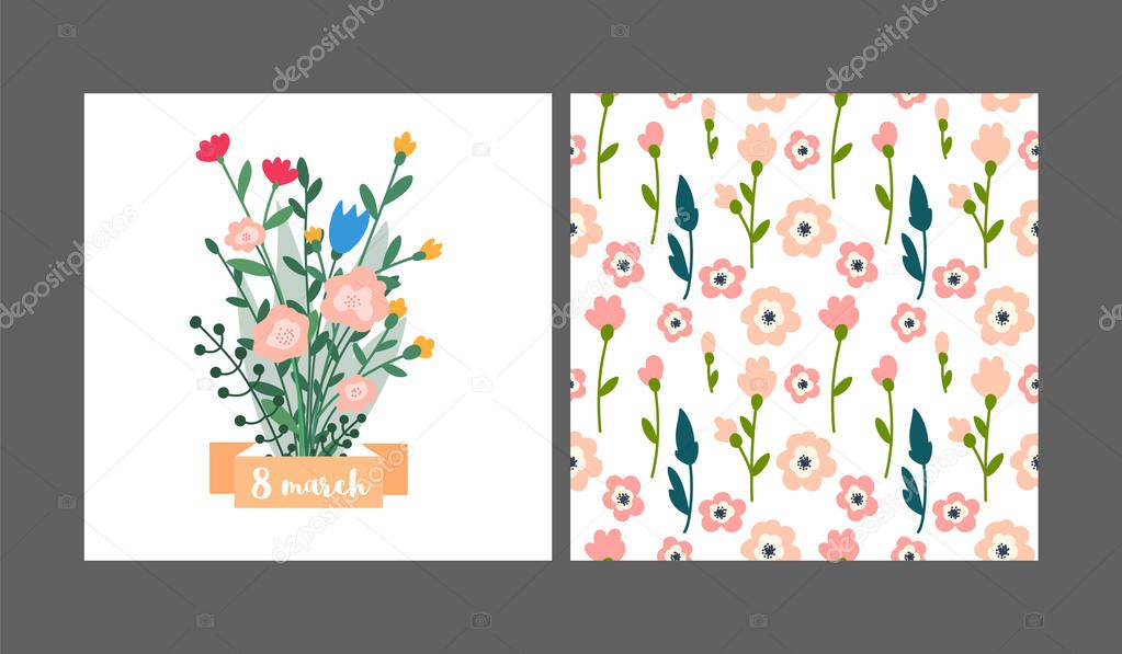  Bouquet of spring flowers, 8 March greeting card, international womens day. Set of card and floral seamless pattern background.