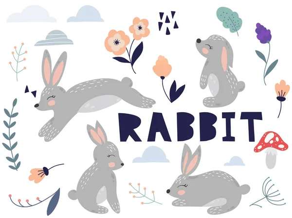 Lindo Conejo Dibujos Animados Conejo Personajes Conjunto Conejos Flores Hojas — Vector de stock