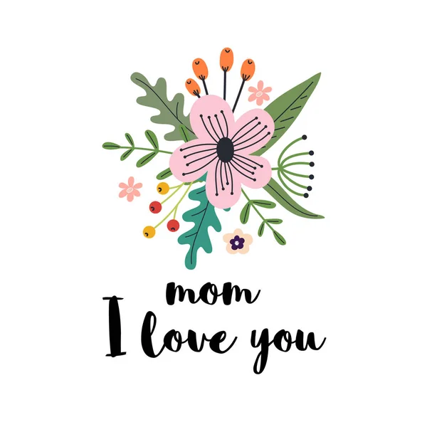 Muttertagsgruß Ich Liebe Dich Mama Grußkarte Mit Handgezeichneten Pastellfarbenen Blumen — Stockvektor