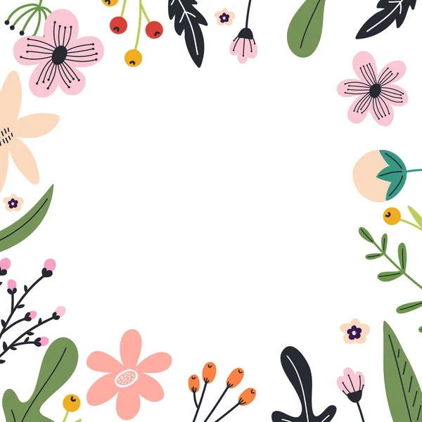 Eléments Floraux Dessinés Main Cadre Printemps Fleurs Abstraites Feuilles Imprimé — Image vectorielle