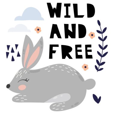 Sevimli çizgi tavşan. Tavşan karakter vektör yazdırma kartları, posterler, kartları, t-shirtler, kitap, tekstil için. Tavşan ve çiçekler illüstrasyon vektör