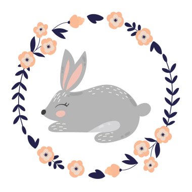  Çiçek çelenk sevimli çizgi tavşan. Çiçek ve yaprak, kartları, posterler, kartları, t-shirtler, kitap, tekstil baskı tavşan vektör.. 