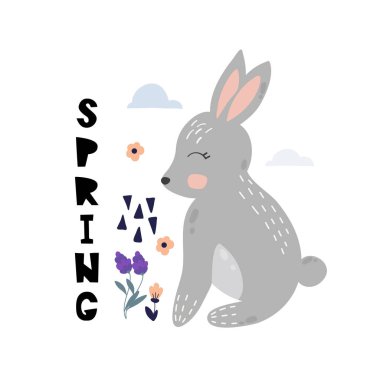 Sevimli çizgi tavşan. Tavşan karakter vektör yazdırma kartları, posterler, kartları, t-shirtler, kitap, tekstil için. Tavşan ve çiçekler illüstrasyon vektör