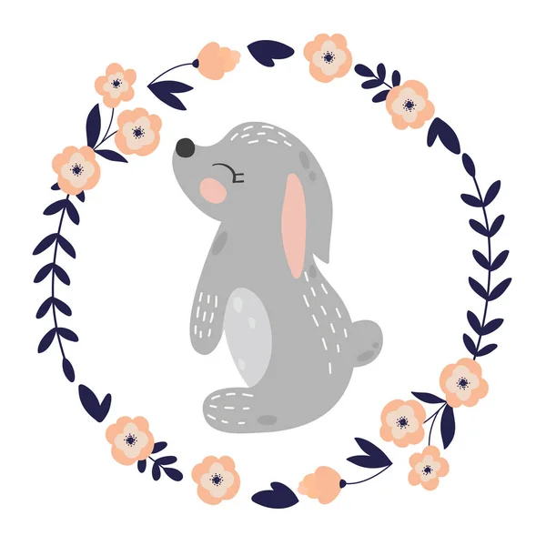 Милый Мультяшный Кролик Цветочном Венке Цветы Листья Векторная Печать Кролика — стоковый вектор
