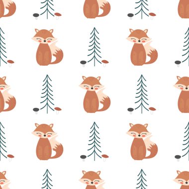 Çizgi film fox seamless modeli. Fox, ağaç ve mantar illüstrasyon vektör.