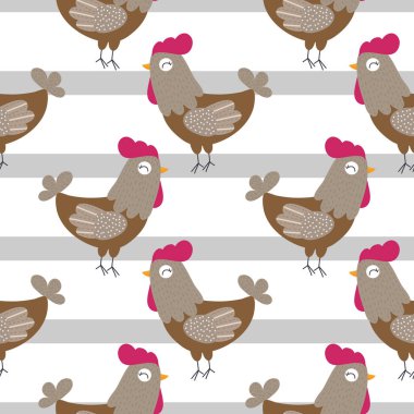 Çizgi film halk tavuk seamless modeli. Çiçekler ve yapraklar. Paskalya ve diğerleri için. Kağıt ambalaj için kroki.
