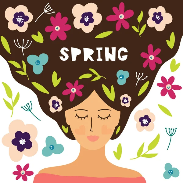 Ilustración Vectorial Mujer Con Flores Primavera Pelo Diseño Póster Tarjeta — Archivo Imágenes Vectoriales