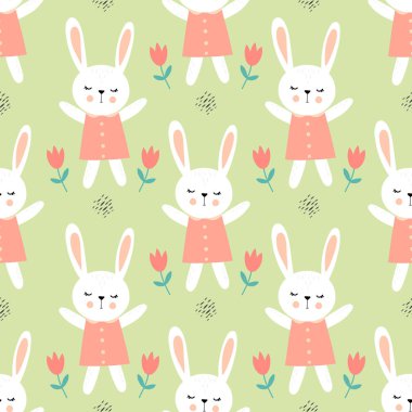 Mutlu tavşan çiçeklerle çocuk seamless modeli. Sevimli tavşan ile kağıt sarma için kroki. 