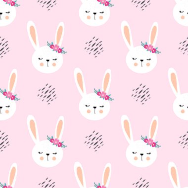 Mutlu tavşan çiçeklerle çocuk seamless modeli. Sevimli tavşan ile kağıt sarma için kroki. 