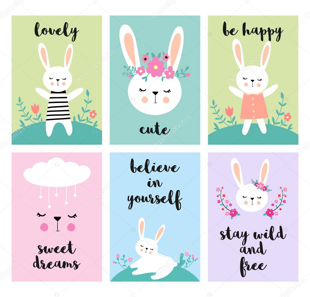 Conjunto de cartas con lindos conejos de dibujos animados, diferentes ...