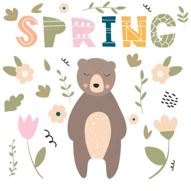 Ayı, çiçekler, yaprakları ve dalları ile vektör Illustration. Kartlar, poster, kartlar, t-shirt, kitap, Tekstil için tasarım.