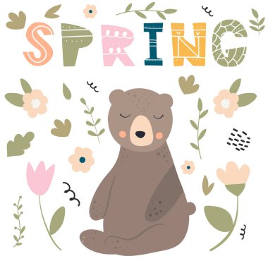 Ayı, çiçekler, yaprakları ve dalları ile vektör Illustration. Kartlar, poster, kartlar, t-shirt, kitap, Tekstil için tasarım.