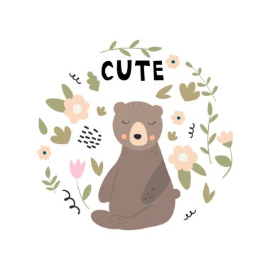 Ayı, çiçekler, yaprakları ve dalları ile vektör Illustration. Kartlar, poster, kartlar, t-shirt, kitap, Tekstil için tasarım.