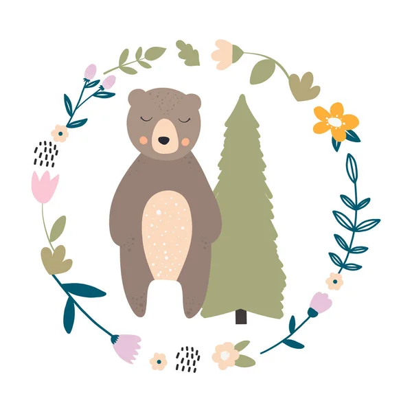 Ilustração Vetorial Com Urso Quadro Flores Folhas Ramos Design Para — Vetor de Stock