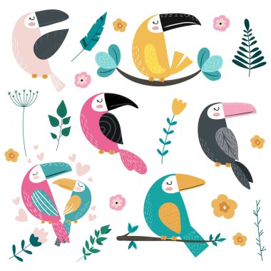 Farklı tukanlar ve tropikal yapraklar, çiçekler. Vektör çizim.