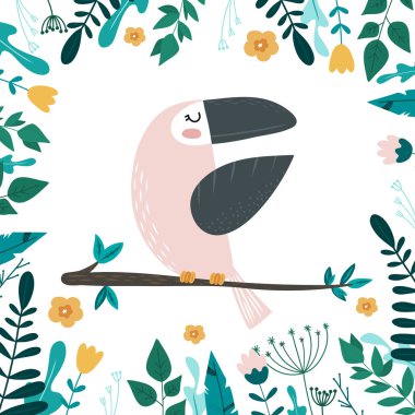 Tropikal vektör çizim Toucan, çiçek ve palmiye yaprakları. El vektör çizim çekilmiş. Kartları, posterler, kartları, t-shirtler, kitap, tekstil tasarım.