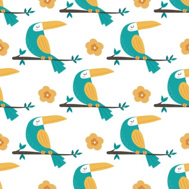 Toucans Dikişsiz desen arka plan. Dalda oturan kuşlar, tropikal yapraklar ve çiçekler. Vektör çizim.