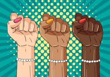 Womens hands. Concept of equality, girls power and womens strength. Vector colorful background in pop art retro comic style clipart