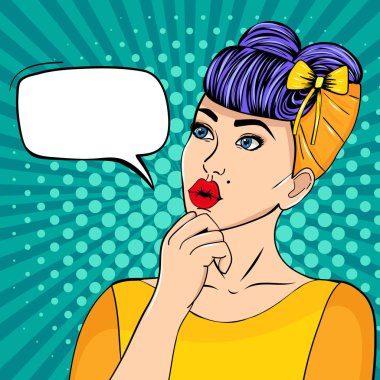  Sürpriz kadın kıvırcık saçlı, wow efekti. Vektör renkli arka planda pop sanat retro komik tarzı.