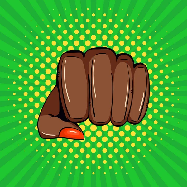 Womans fist . Concept of equality, girls power and womens strength. Vector background in pop art retro comic style.