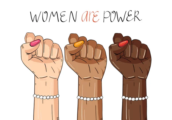 妇女的手举起拳头 平等的概念 女孩的权力和妇女的力量 流行艺术复古喜剧风格的矢量背景 — 图库矢量图片