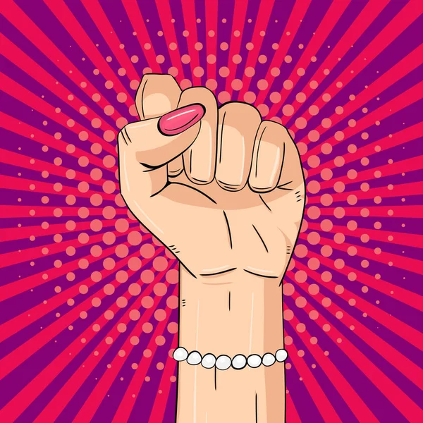 女人的手举起拳头 平等的概念 女孩的权力和妇女的力量 流行艺术复古喜剧风格的矢量背景 — 图库矢量图片