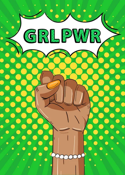 Woman's hand with her fist raised up. Girl power. Concept of feminism, equality. Vector colorful background in pop art retro comic style.