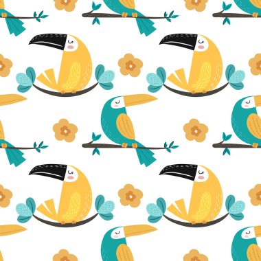 Toucans Dikişsiz desen arka plan. Dalda oturan kuşlar, tropikal yapraklar ve çiçekler. Vektör çizim.