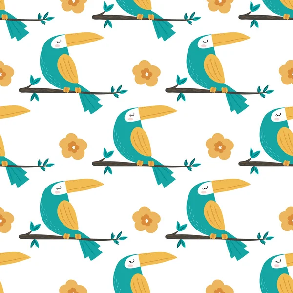 Toucans Dikişsiz desen arka plan. Dalda oturan kuşlar, tropikal yapraklar ve çiçekler. Vektör çizim.