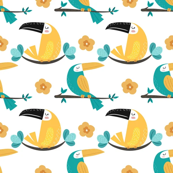 Toucans Dikişsiz desen arka plan. Dalda oturan kuşlar, tropikal yapraklar ve çiçekler. Vektör çizim.