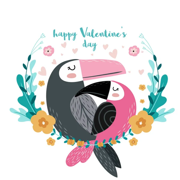Šťastný Valentines Den Dva Tukanovití Lásce Sedící Větvi Tropická Láska — Stockový vektor