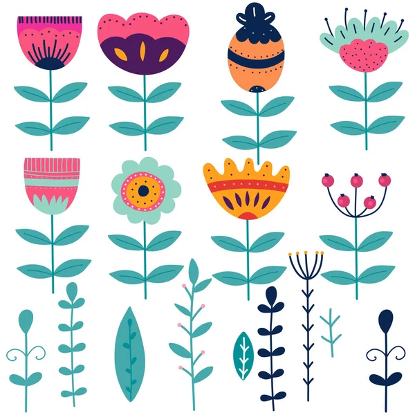 İskandinav çiçekler, yapraklar, büyük kümesi, çizilmiş trendy tarzı el. 