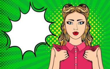 Pop art illüstrasyon genç seksi kadın gösteren Yaşasın. 