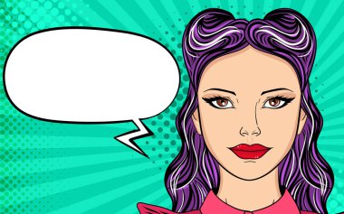 Açık ağız, genç kadınla duyuru çığlık atıyor. Vektör renkli arka planda pop sanat retro komik tarzı