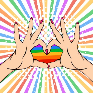 Lgbtq topluluğu, gurur kavramı, cinsiyet eşitliği. Kalp şeklinde eller. Pop art vektör illüstrasyon.