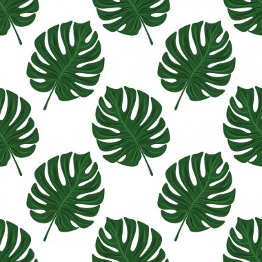 Trendy tropikal monstera tasarım için sorunsuz desen bırakır. Ambalaj kağıdı, çiçek tekstili, arka plan dolgusu, kumaş için kroki. 