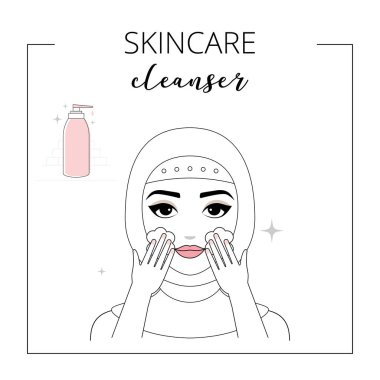 Kadın yüzle ilgilenir. Cilt bakımı, temizleyici sürüyorum. Vektör izole çizimleri ayarlandı.