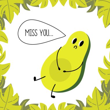 Üzgün avokado, aşkını özlüyor. Sağlıklı beslenme kavramı. Sevimli avokado. Vektör baskı.