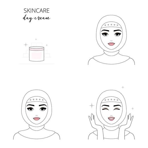 女人关心自己的脸 步骤如何应用日霜 矢量孤立插画集 — 图库矢量图片