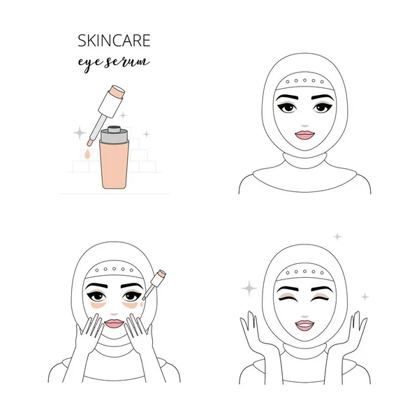 女人关心自己的脸 如何应用眼部血清 矢量孤立插画集 — 图库矢量图片