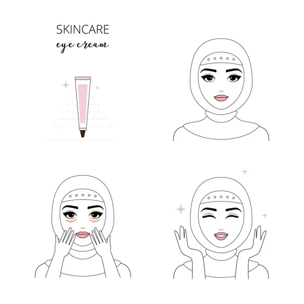 女人关心自己的脸 步骤如何应用眼霜 矢量孤立插画集 — 图库矢量图片