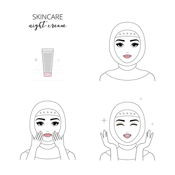 女人关心自己的脸 步骤如何应用护肤霜 矢量孤立插画集 — 图库矢量图片